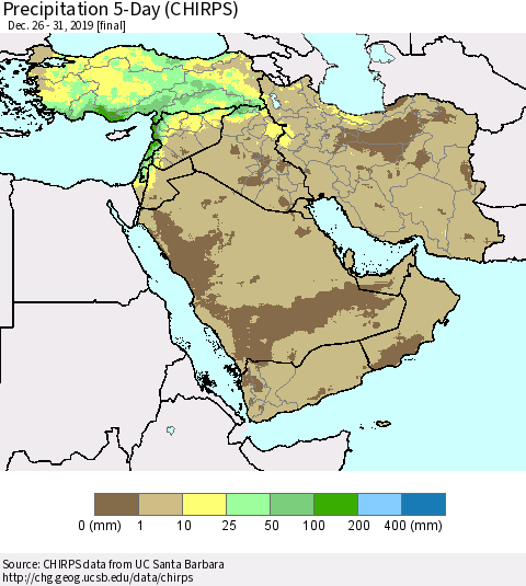 Middle East and Turkey Precipitation 5-Day (CHIRPS) Thematic Map For 12/26/2019 - 12/31/2019