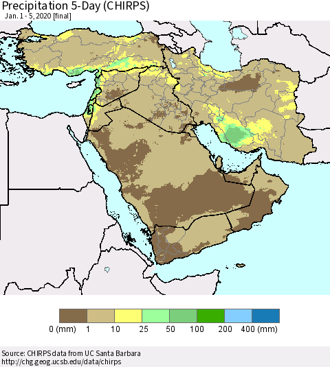 Middle East and Turkey Precipitation 5-Day (CHIRPS) Thematic Map For 1/1/2020 - 1/5/2020