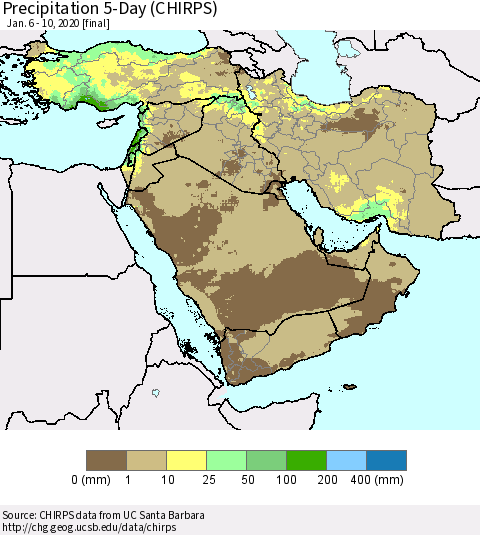Middle East and Turkey Precipitation 5-Day (CHIRPS) Thematic Map For 1/6/2020 - 1/10/2020