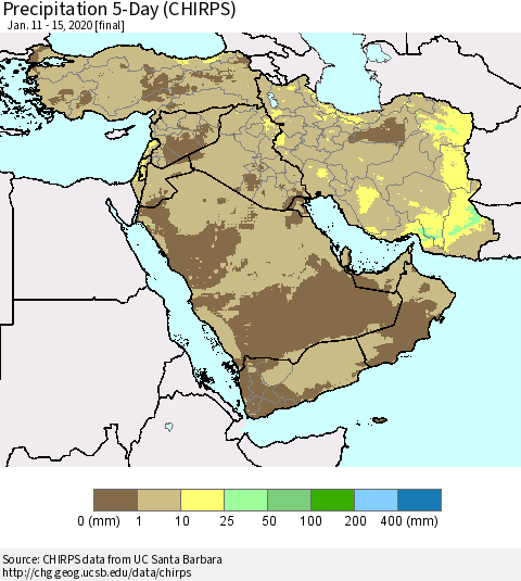 Middle East and Turkey Precipitation 5-Day (CHIRPS) Thematic Map For 1/11/2020 - 1/15/2020
