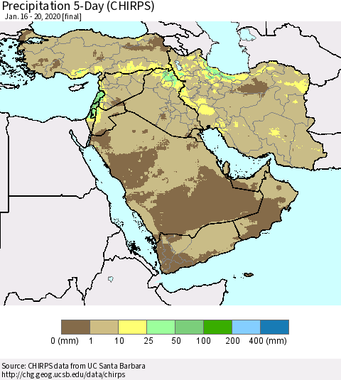 Middle East and Turkey Precipitation 5-Day (CHIRPS) Thematic Map For 1/16/2020 - 1/20/2020