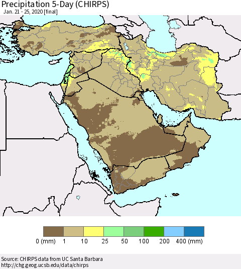 Middle East and Turkey Precipitation 5-Day (CHIRPS) Thematic Map For 1/21/2020 - 1/25/2020