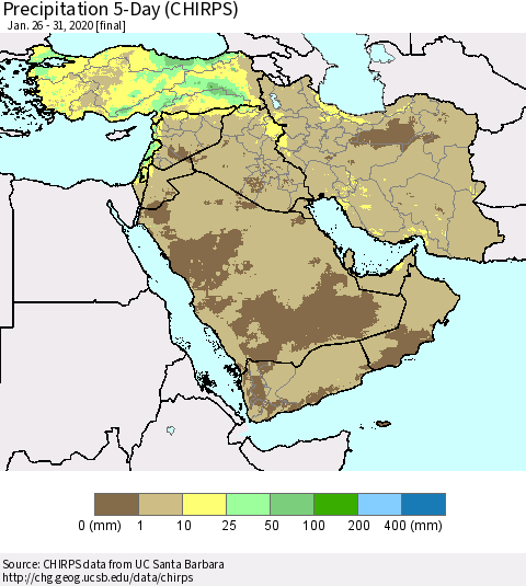 Middle East and Turkey Precipitation 5-Day (CHIRPS) Thematic Map For 1/26/2020 - 1/31/2020