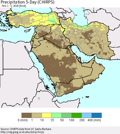 Middle East and Turkey Precipitation 5-Day (CHIRPS) Thematic Map For 2/1/2020 - 2/5/2020