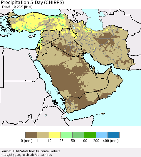 Middle East and Turkey Precipitation 5-Day (CHIRPS) Thematic Map For 2/6/2020 - 2/10/2020