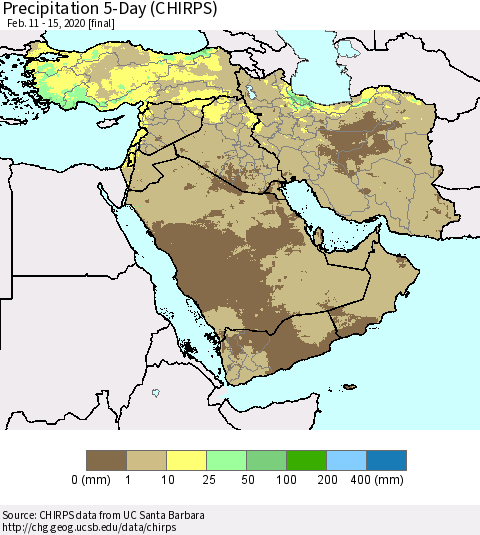 Middle East and Turkey Precipitation 5-Day (CHIRPS) Thematic Map For 2/11/2020 - 2/15/2020