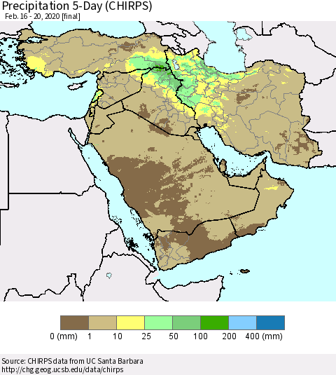 Middle East and Turkey Precipitation 5-Day (CHIRPS) Thematic Map For 2/16/2020 - 2/20/2020