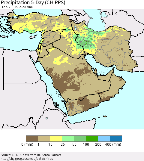 Middle East and Turkey Precipitation 5-Day (CHIRPS) Thematic Map For 2/21/2020 - 2/25/2020