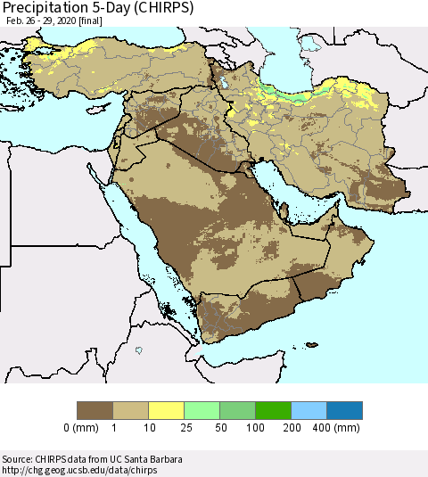 Middle East and Turkey Precipitation 5-Day (CHIRPS) Thematic Map For 2/26/2020 - 2/29/2020