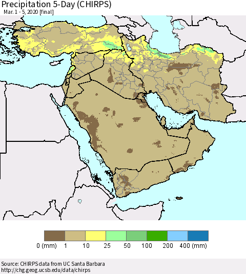 Middle East and Turkey Precipitation 5-Day (CHIRPS) Thematic Map For 3/1/2020 - 3/5/2020