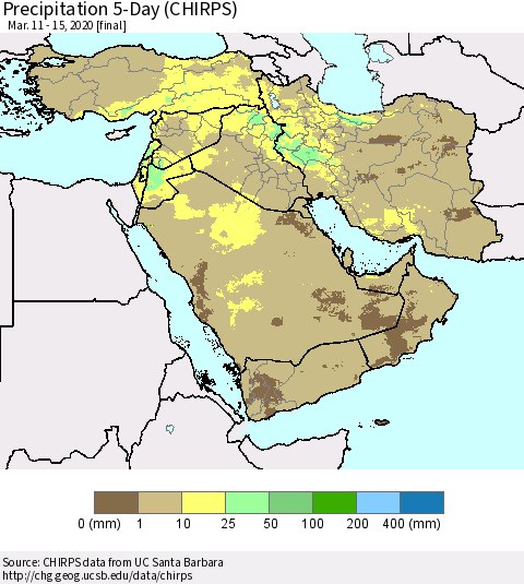Middle East and Turkey Precipitation 5-Day (CHIRPS) Thematic Map For 3/11/2020 - 3/15/2020