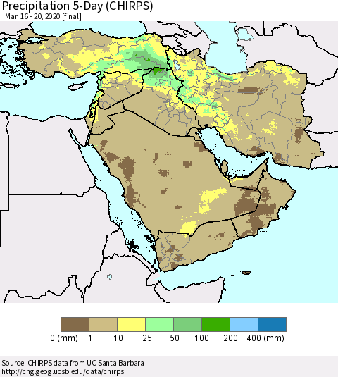 Middle East and Turkey Precipitation 5-Day (CHIRPS) Thematic Map For 3/16/2020 - 3/20/2020