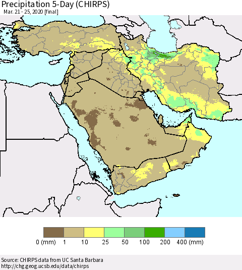 Middle East and Turkey Precipitation 5-Day (CHIRPS) Thematic Map For 3/21/2020 - 3/25/2020