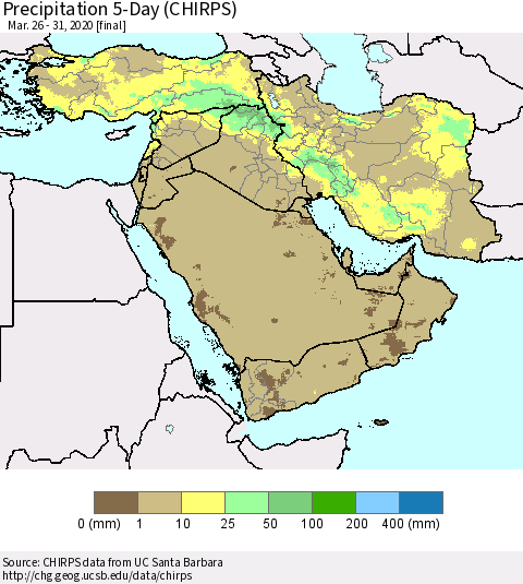 Middle East and Turkey Precipitation 5-Day (CHIRPS) Thematic Map For 3/26/2020 - 3/31/2020