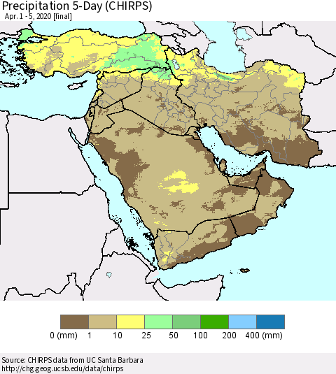 Middle East and Turkey Precipitation 5-Day (CHIRPS) Thematic Map For 4/1/2020 - 4/5/2020