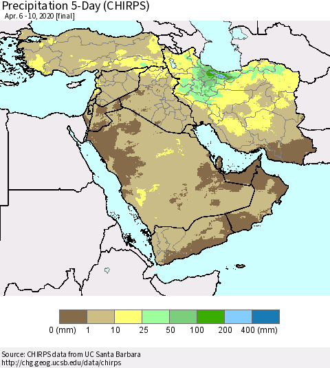 Middle East and Turkey Precipitation 5-Day (CHIRPS) Thematic Map For 4/6/2020 - 4/10/2020