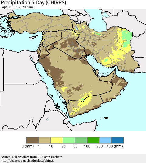 Middle East and Turkey Precipitation 5-Day (CHIRPS) Thematic Map For 4/11/2020 - 4/15/2020