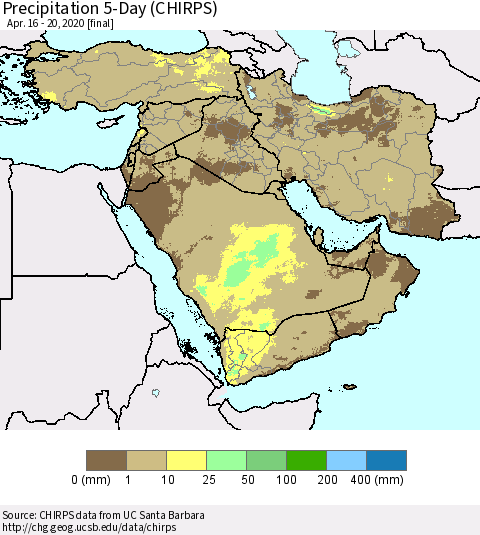 Middle East and Turkey Precipitation 5-Day (CHIRPS) Thematic Map For 4/16/2020 - 4/20/2020