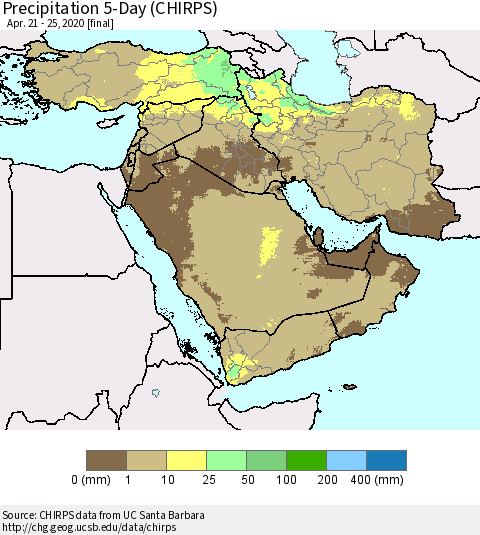 Middle East and Turkey Precipitation 5-Day (CHIRPS) Thematic Map For 4/21/2020 - 4/25/2020