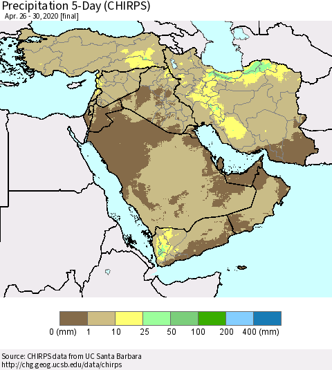 Middle East and Turkey Precipitation 5-Day (CHIRPS) Thematic Map For 4/26/2020 - 4/30/2020