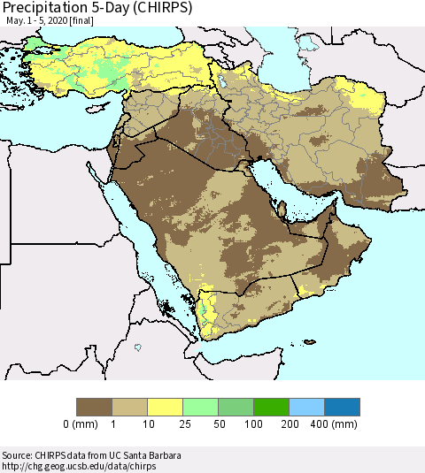 Middle East and Turkey Precipitation 5-Day (CHIRPS) Thematic Map For 5/1/2020 - 5/5/2020