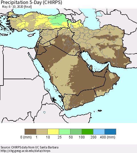 Middle East and Turkey Precipitation 5-Day (CHIRPS) Thematic Map For 5/6/2020 - 5/10/2020