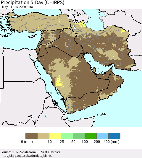 Middle East and Turkey Precipitation 5-Day (CHIRPS) Thematic Map For 5/11/2020 - 5/15/2020