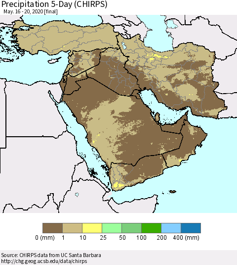 Middle East and Turkey Precipitation 5-Day (CHIRPS) Thematic Map For 5/16/2020 - 5/20/2020
