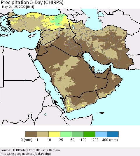 Middle East and Turkey Precipitation 5-Day (CHIRPS) Thematic Map For 5/21/2020 - 5/25/2020