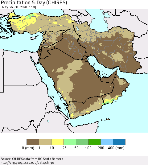 Middle East and Turkey Precipitation 5-Day (CHIRPS) Thematic Map For 5/26/2020 - 5/31/2020