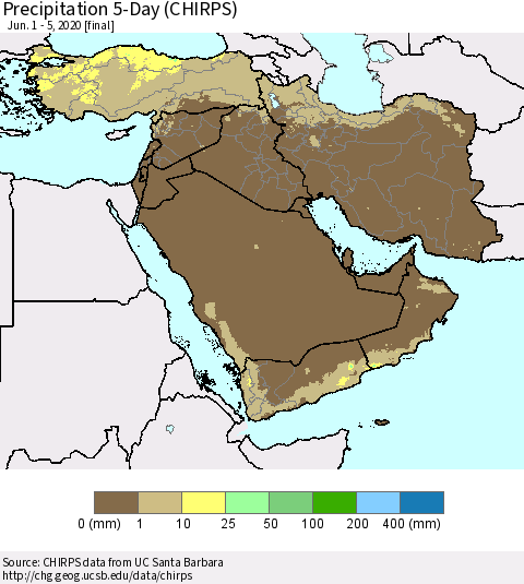 Middle East and Turkey Precipitation 5-Day (CHIRPS) Thematic Map For 6/1/2020 - 6/5/2020