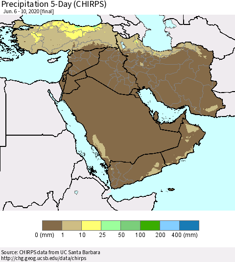 Middle East and Turkey Precipitation 5-Day (CHIRPS) Thematic Map For 6/6/2020 - 6/10/2020