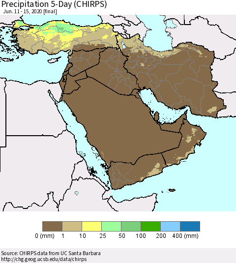 Middle East and Turkey Precipitation 5-Day (CHIRPS) Thematic Map For 6/11/2020 - 6/15/2020