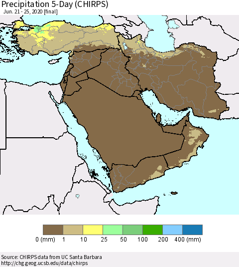 Middle East and Turkey Precipitation 5-Day (CHIRPS) Thematic Map For 6/21/2020 - 6/25/2020