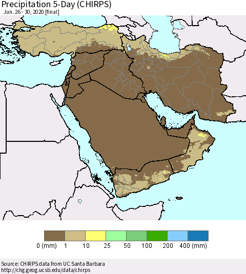 Middle East and Turkey Precipitation 5-Day (CHIRPS) Thematic Map For 6/26/2020 - 6/30/2020