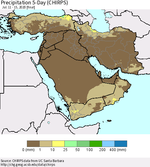 Middle East and Turkey Precipitation 5-Day (CHIRPS) Thematic Map For 7/11/2020 - 7/15/2020
