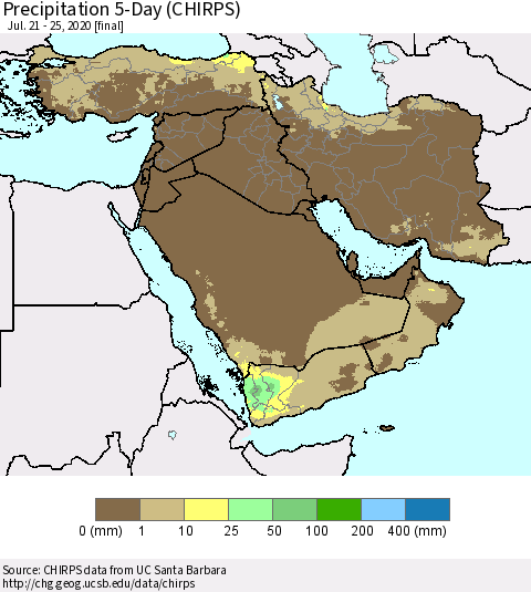 Middle East and Turkey Precipitation 5-Day (CHIRPS) Thematic Map For 7/21/2020 - 7/25/2020