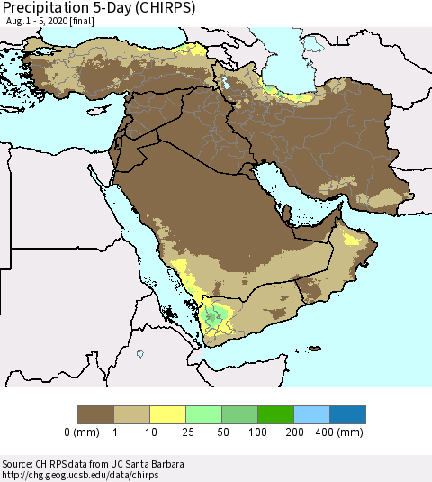 Middle East and Turkey Precipitation 5-Day (CHIRPS) Thematic Map For 8/1/2020 - 8/5/2020
