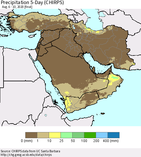 Middle East and Turkey Precipitation 5-Day (CHIRPS) Thematic Map For 8/6/2020 - 8/10/2020