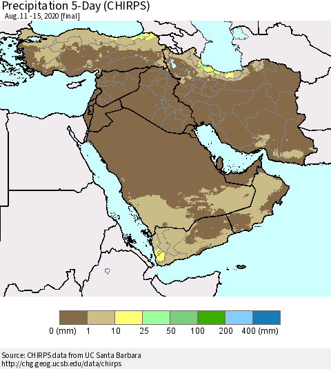 Middle East and Turkey Precipitation 5-Day (CHIRPS) Thematic Map For 8/11/2020 - 8/15/2020