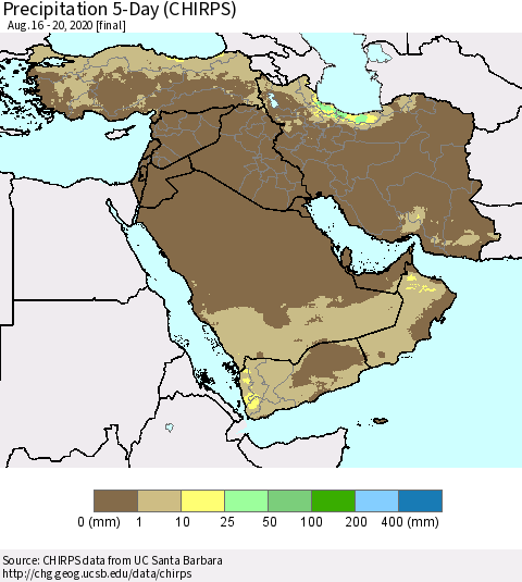 Middle East and Turkey Precipitation 5-Day (CHIRPS) Thematic Map For 8/16/2020 - 8/20/2020
