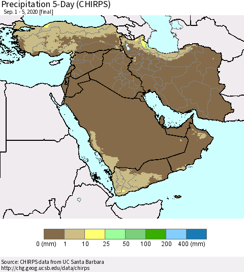 Middle East and Turkey Precipitation 5-Day (CHIRPS) Thematic Map For 9/1/2020 - 9/5/2020