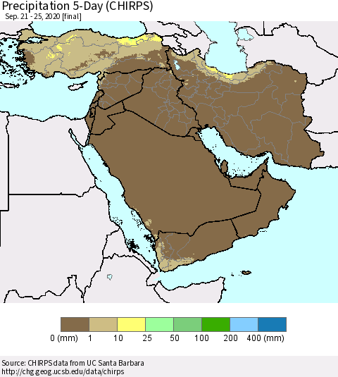 Middle East and Turkey Precipitation 5-Day (CHIRPS) Thematic Map For 9/21/2020 - 9/25/2020