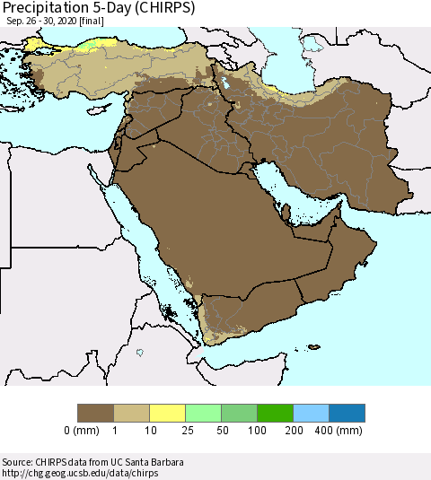 Middle East and Turkey Precipitation 5-Day (CHIRPS) Thematic Map For 9/26/2020 - 9/30/2020