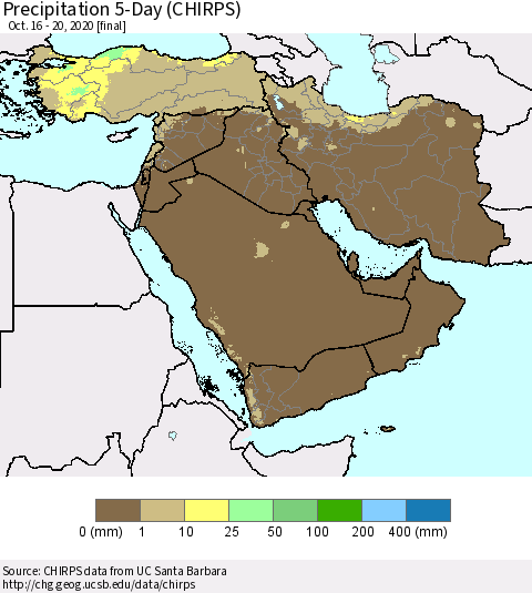 Middle East and Turkey Precipitation 5-Day (CHIRPS) Thematic Map For 10/16/2020 - 10/20/2020