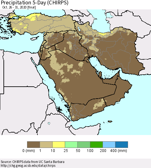 Middle East and Turkey Precipitation 5-Day (CHIRPS) Thematic Map For 10/26/2020 - 10/31/2020