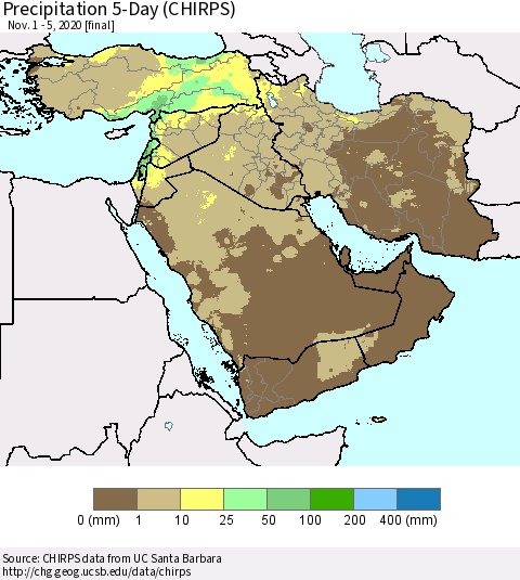 Middle East and Turkey Precipitation 5-Day (CHIRPS) Thematic Map For 11/1/2020 - 11/5/2020