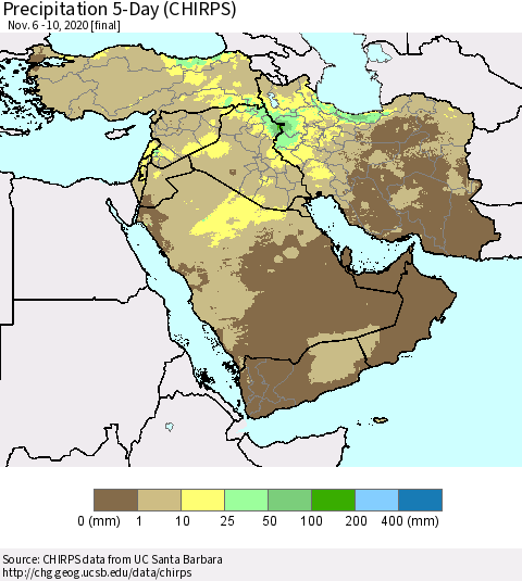 Middle East and Turkey Precipitation 5-Day (CHIRPS) Thematic Map For 11/6/2020 - 11/10/2020