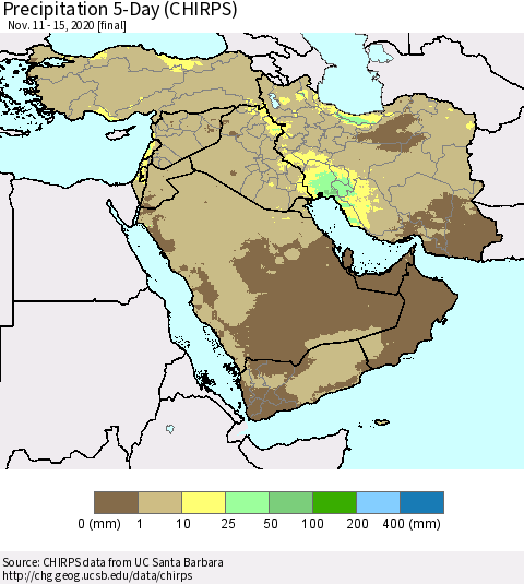Middle East and Turkey Precipitation 5-Day (CHIRPS) Thematic Map For 11/11/2020 - 11/15/2020