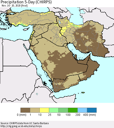 Middle East and Turkey Precipitation 5-Day (CHIRPS) Thematic Map For 11/16/2020 - 11/20/2020